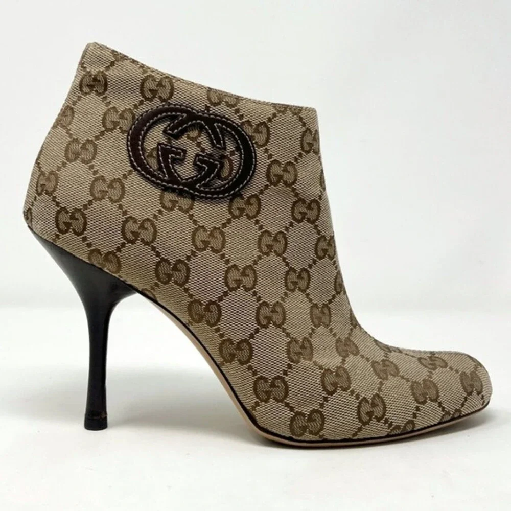 Gucci GG Monogram Ankle Boots Brown Canvas Heeled Booties 7 Y2K‎